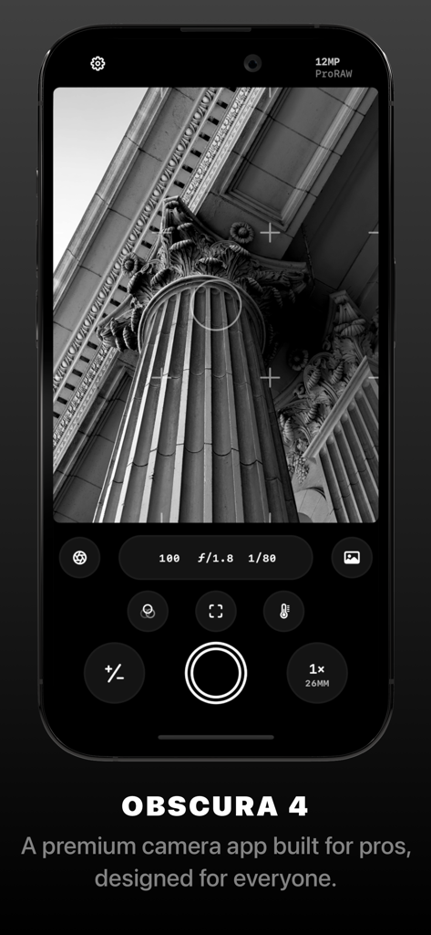 Obscura 4 camera app interface showing manual exposure controls and a black and white photo of a classical column.