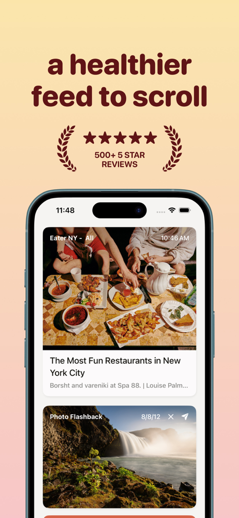 A mobile screen showing the feeeed app interface with a news article about New York restaurants and a photo flashback feature.