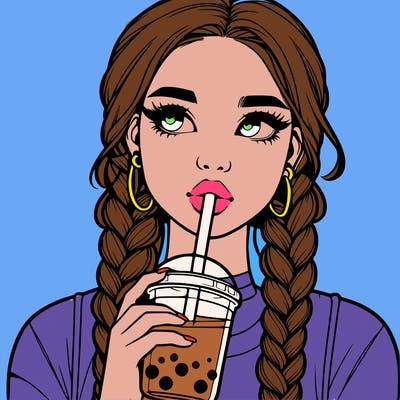 realistic girl with braided hair drinking boba