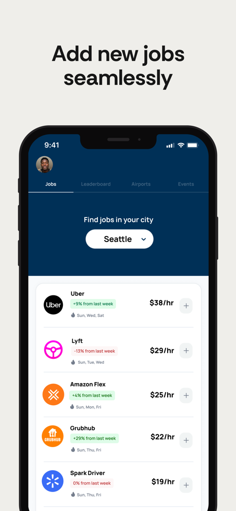 Interface of Solo app showing hourly pay rates for gig platforms like Uber Lyft and Amazon Flex in Seattle