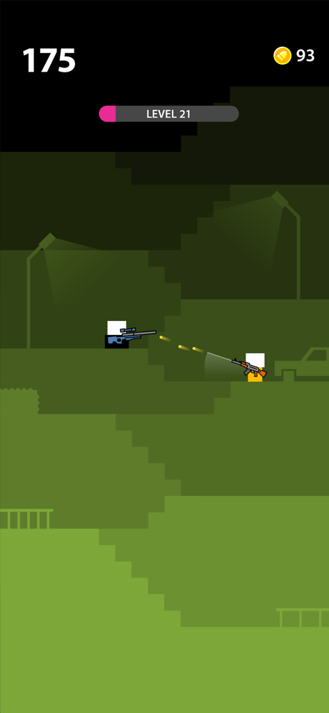 Gameplay di Mr Gun che mostra due personaggi minimalisti in un duello di tiro al livello 21