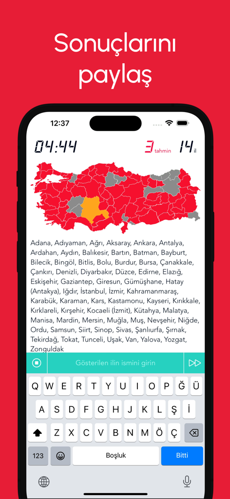 Harita Oyunu: 81 İl Tahmin Et - Gameplay screen of the Harita Oyunu app showing a map of Turkey and a list of provinces to guess