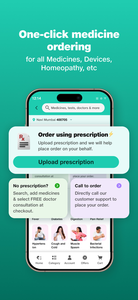 Écran de l'application Netmeds montrant les options pour commander des médicaments et télécharger des ordonnances.