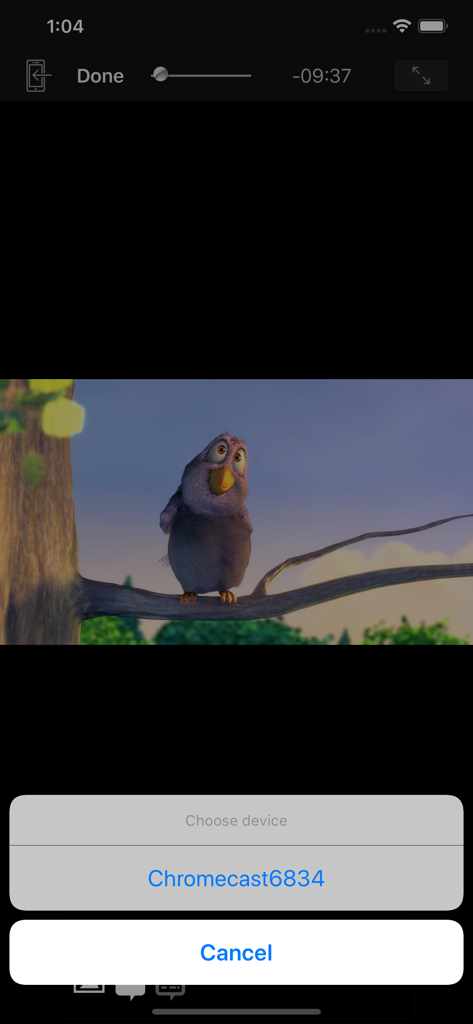 Rocket Video Cast - Interfaz de Rocket Video Cast mostrando la reproducción de video y un menú para elegir un dispositivo Chromecast