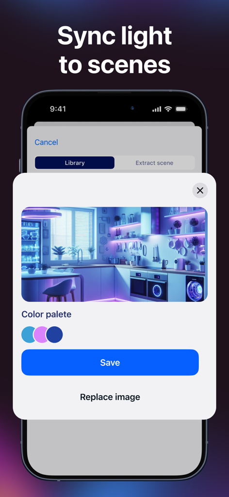 Interface for extracting a color palette from a photo to sync smart LED lights.