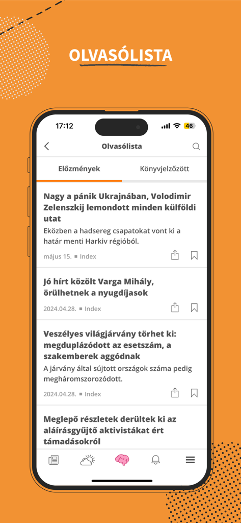 Index.hu - Schermata dell'elenco di lettura e della cronologia delle notizie nell'app mobile Index.hu.