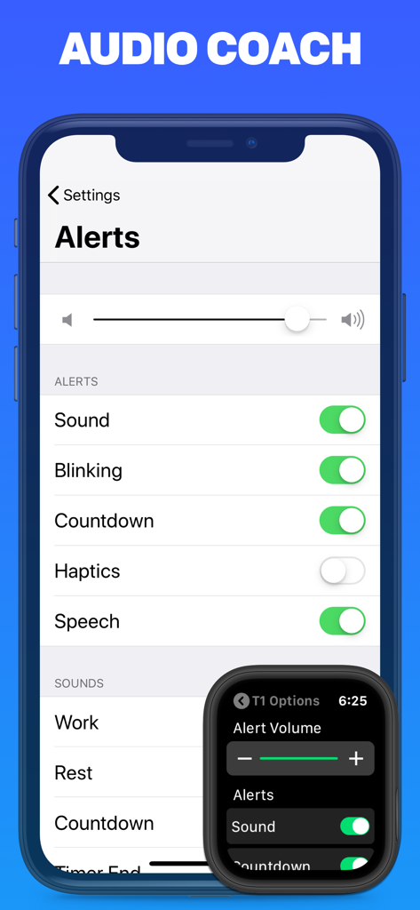 Tabata Pro audio coach settings showing alert options on iPhone and Apple Watch