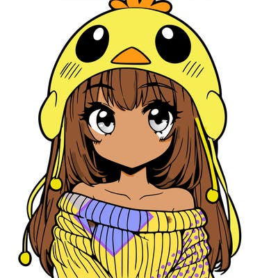 anime girl with chick shaped hat with sweater with bare shoulders with bangs covering them one eye with low tail