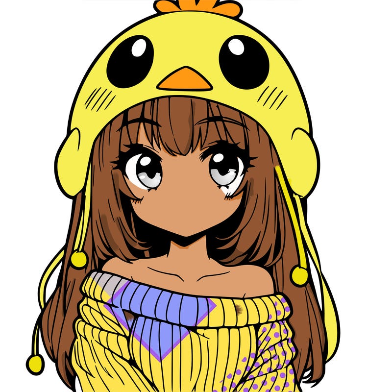 anime girl with chick shaped hat with sweater with bare shoulders with bangs covering them one eye with low tail