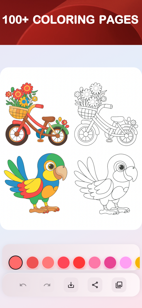 Satisfying Coloring ASMR - 만족스러운 색칠 ASMR 앱의 스크린샷으로 자전거와 앵무새를 포함한 다양한 색칠 페이지를 보여줍니다.