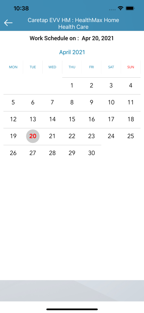 Caretap EVV HM - Caretap EVV HM app interface showing the monthly work schedule calendar for home health care workers