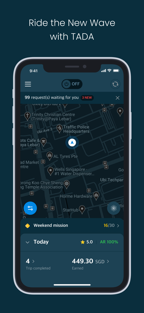 TADA Driver app dashboard displaying map and daily earnings statistics.