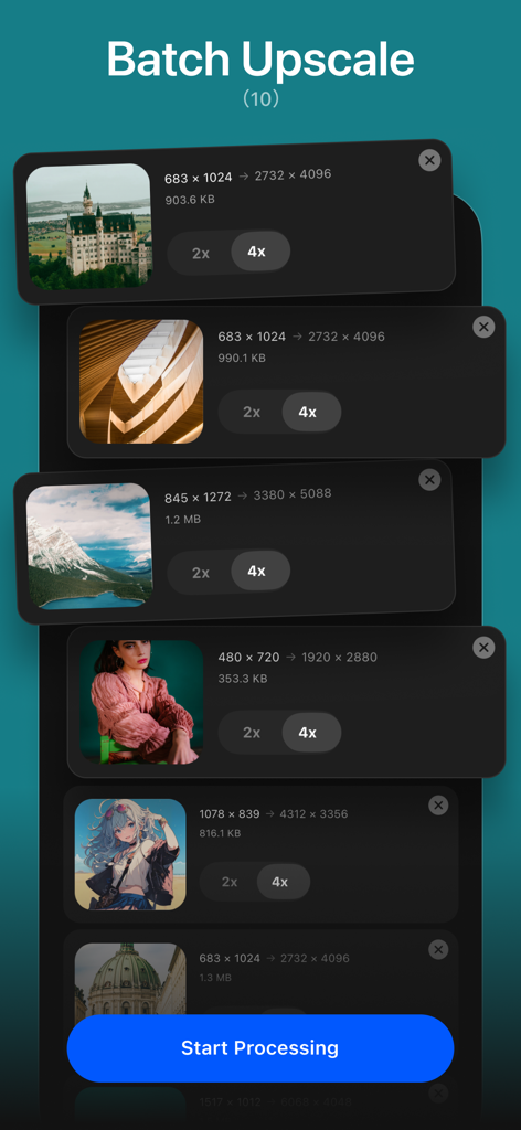 Interface de l'application AI Enlarger montrant la fonction de redimensionnement par lots avec plusieurs images, y compris des photos et des œuvres d'art d'anime.