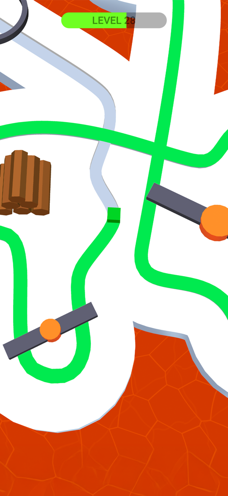 Line Color 3D - Line Color 3Dのモバイルゲームで、レベル28で回転する障害物のある白い道を緑のキューブがペイントしている様子。