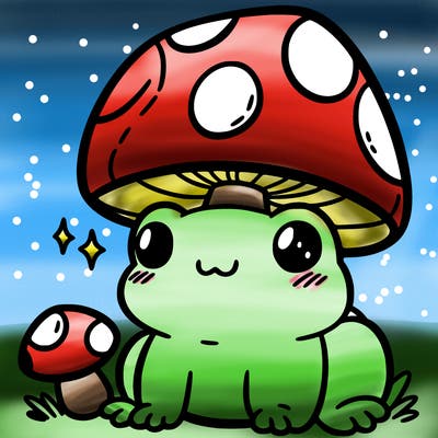 a cute frog with a mushroom hat