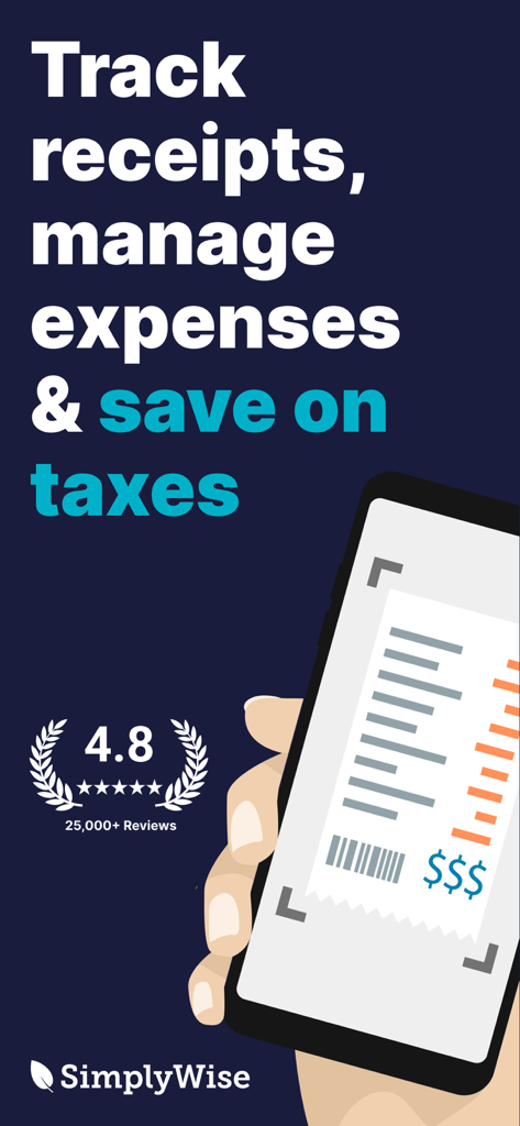 SimplyWise: Receipts, Expenses - SimplyWise app interface showing receipt scanning for expense management and tax savings with a 4.8 star rating