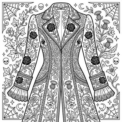 Unleash your creativity with this exquisite gothic floral outerwear coloring page. Featuring intricate botanical designs, Victorian lace, and mysterious elements, it's perfect for a sophisticated coloring experience.