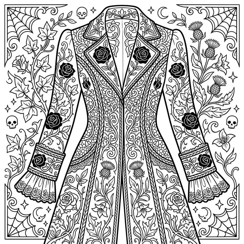 Unleash your creativity with this exquisite gothic floral outerwear coloring page. Featuring intricate botanical designs, Victorian lace, and mysterious elements, it's perfect for a sophisticated coloring experience.