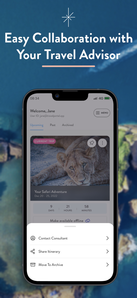 Travel Portal app interface showing a curated safari itinerary and contact consultant menu.