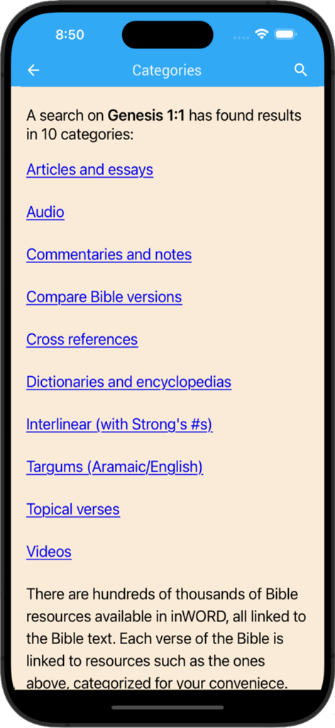inWORD Bible - List of 10 resource categories for Genesis 1:1 in the inWORD Bible app
