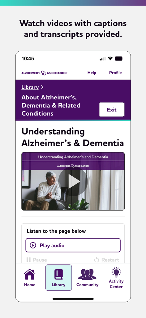 My ALZ Journey - My ALZ Journey app library screen featuring an educational video titled Understanding Alzheimers and Dementia
