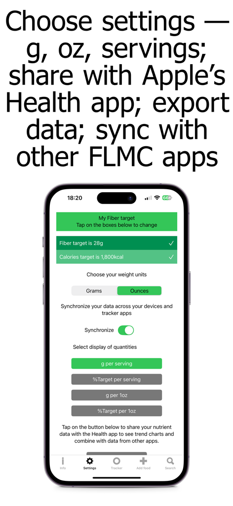Fiber Counter and Tracker - Settings screen of the Fiber Counter app showing fiber targets and weight unit options