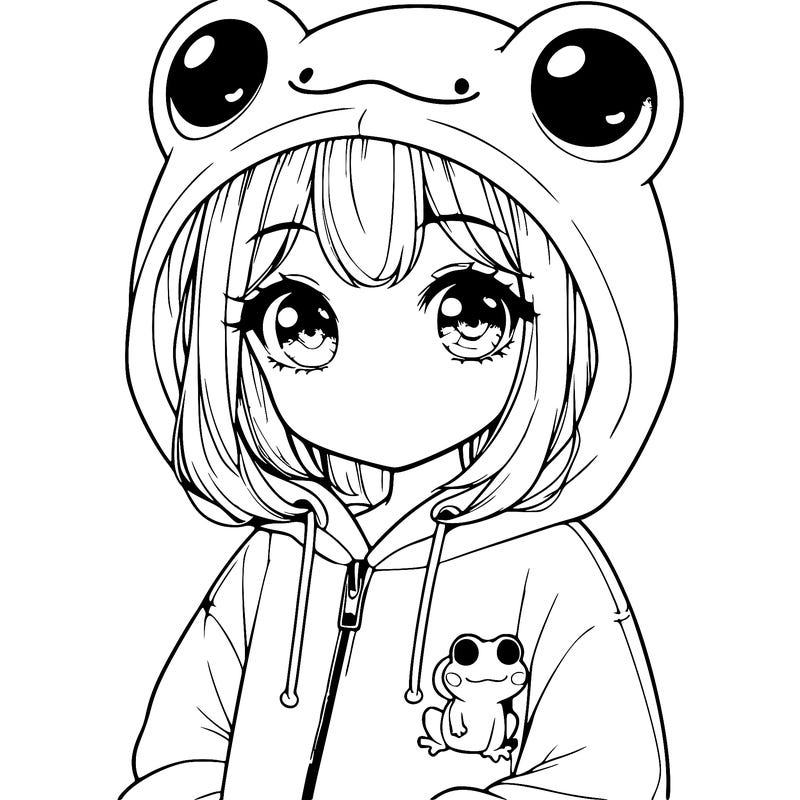 cute realistic girl in a froggy hoodie