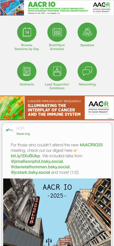 AACR Meetings - Main dashboard of the AACR Meetings app featuring icons for browsing sessions building a schedule viewing speakers and reading abstracts