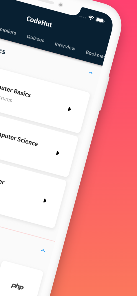 Learn To Code Offline - Coding - Uma tela de aplicativo móvel mostrando um menu de cursos de codificação como noções básicas de computadores e ciência da computação