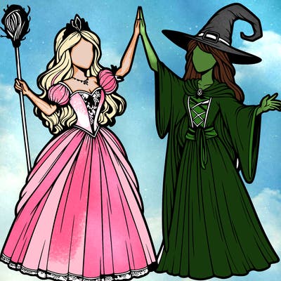 detailed realistic split of a princess and a witch