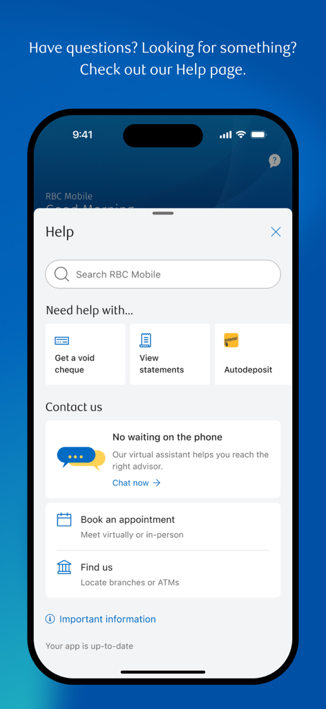 RBC Mobile - RBC Mobileアプリのヘルプとサポートインターフェース、検索と連絡先オプションを表示