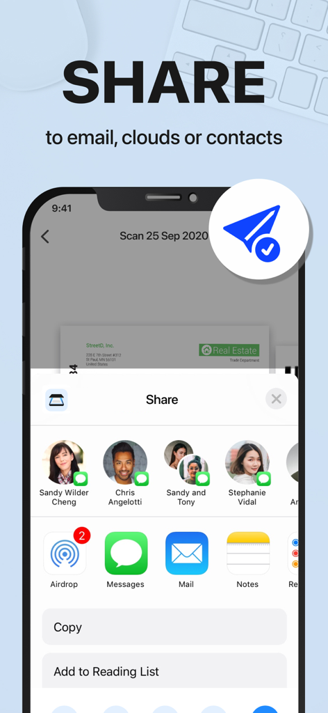 xScan : Document Scanner App - Captura de pantalla de la aplicación xScan mostrando la interfaz para compartir documentos y enviar escaneos a servicios de correo electrónico y nube