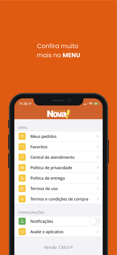 Sapataria Nova mobile app menu showing user account and settings options