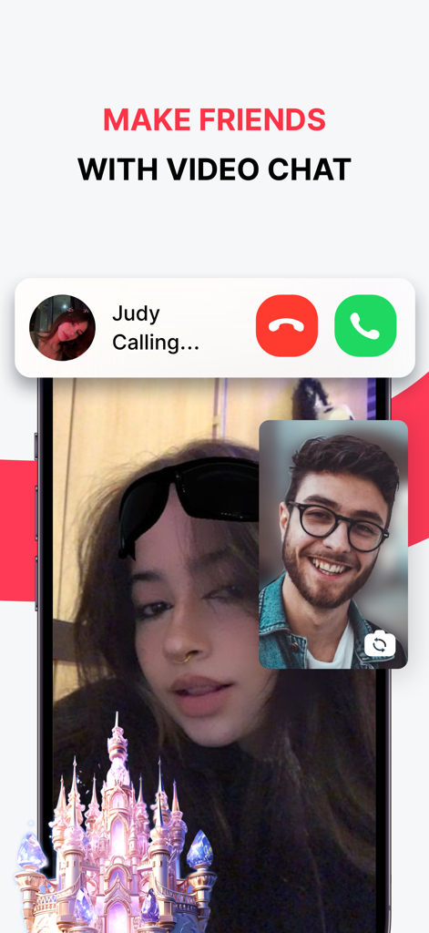 Palpi-Live video chat &meet - A smartphone displaying the Palpi app video chat interface with a man and woman connecting live and text saying Make Friends With Video Chat