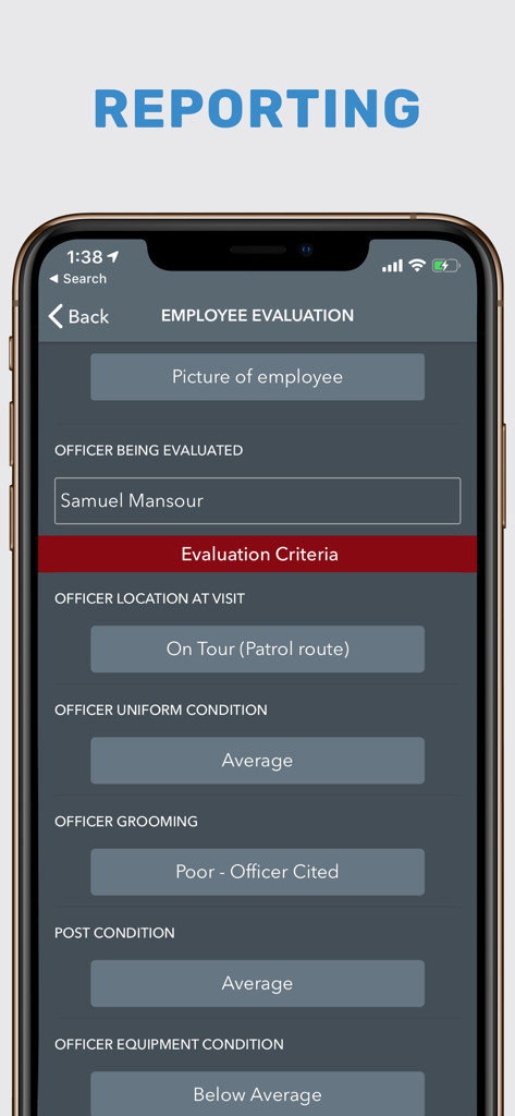 TrackTik Guard Tour - TrackTik app screenshot showing an employee evaluation form for a security officer