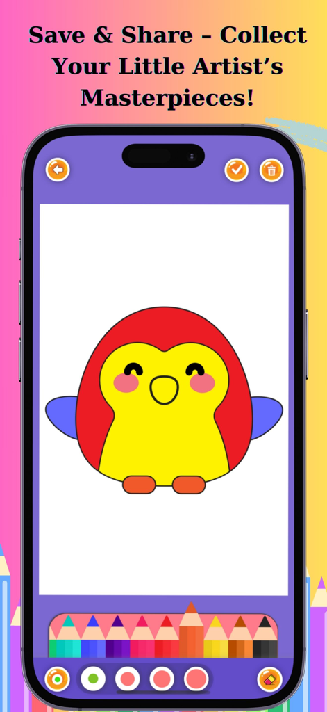 Draw & Color - Creative Art - A child's drawing of a colorful bird within the Draw and Color app interface