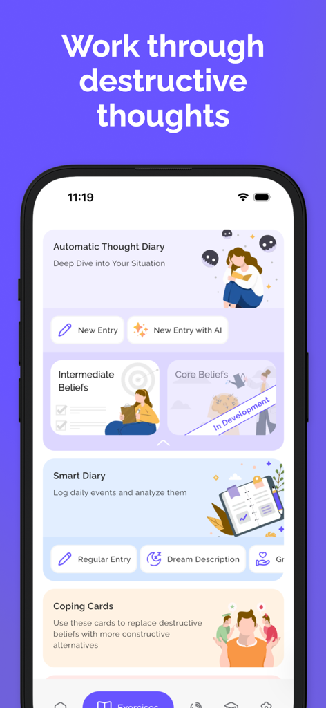 MindHealth: Mental Health CBT - MindHealth app interface showing various CBT tools like a thought diary and coping cards.
