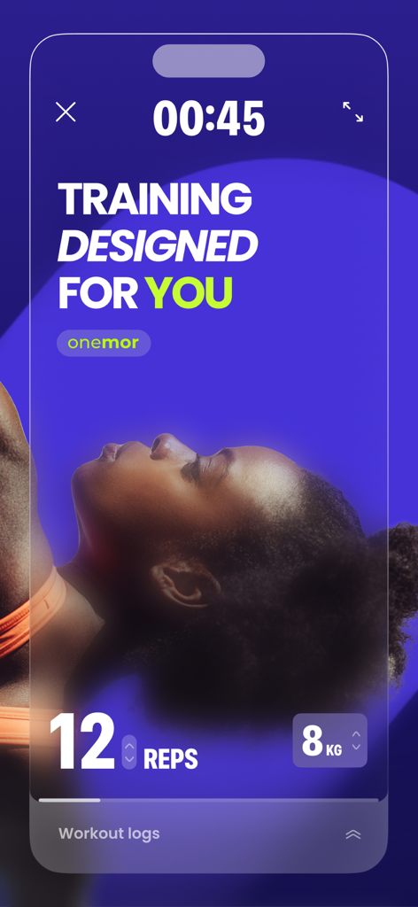 Onemor: Workout & Fitness App - Interfaz de la app Onemor que muestra entrenamiento personalizado con registro de repeticiones y peso.