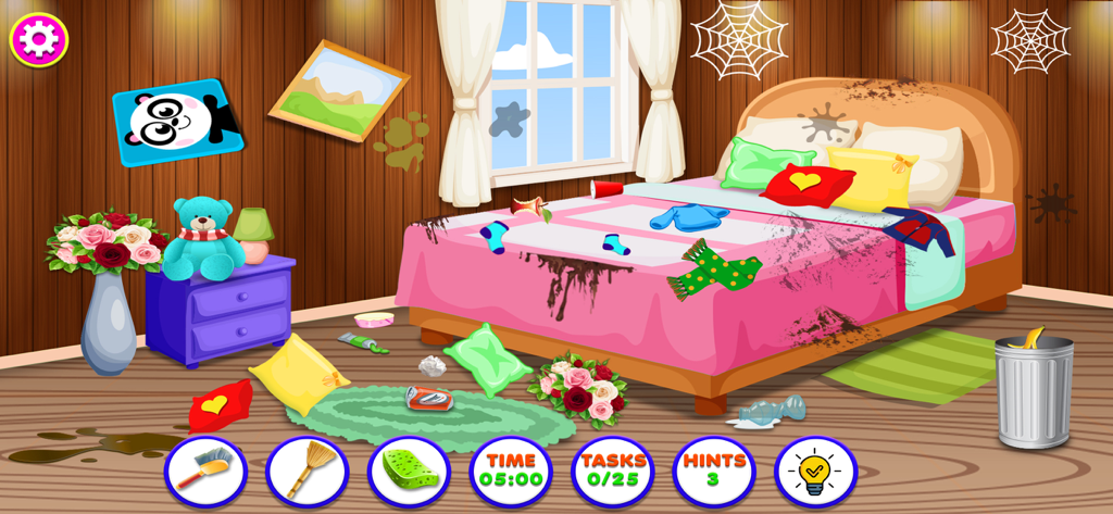 Una camera da letto disordinata di una casa delle bambole con macchie di sporco e spazzatura da pulire in un gioco per bambini.