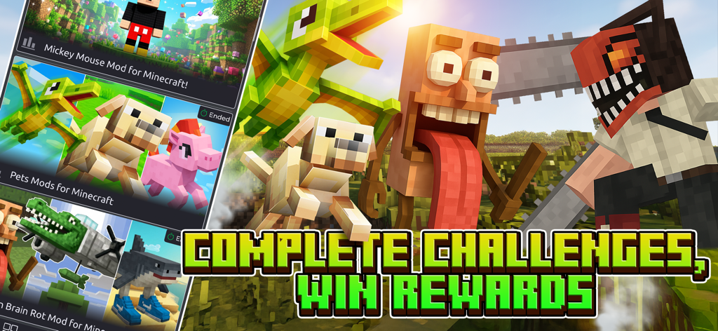 Crafty Craft for Minecraft PE - Minecraft mod creator app screen highlighting challenges and rewards with custom skins