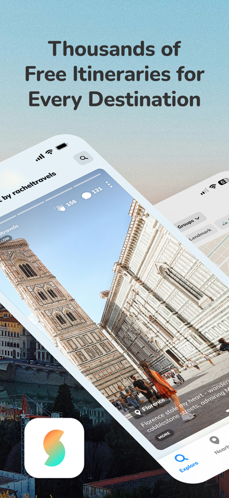 Steller app interface showing a travel video of Florence with a caption for thousands of free itineraries for every destination