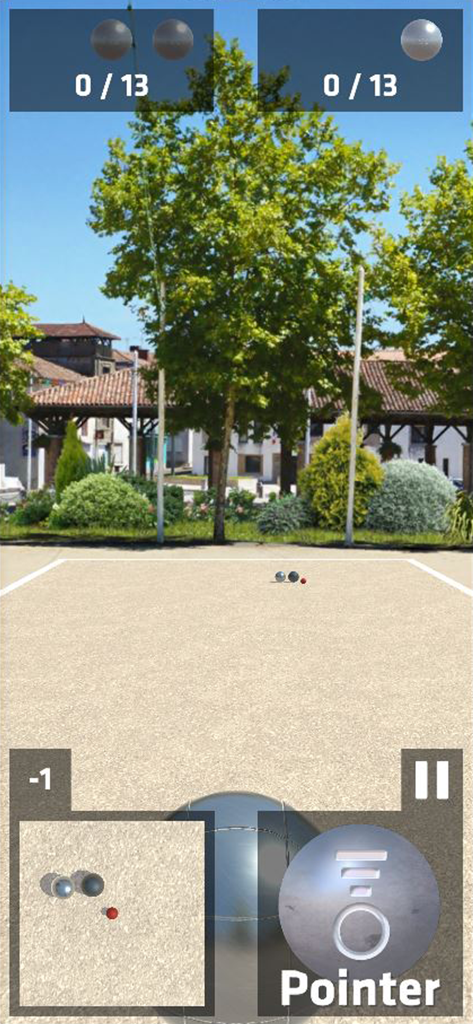 La pétanque - Gameplay screenshot of the petanque mobile app featuring a sunny French village pitch and boules