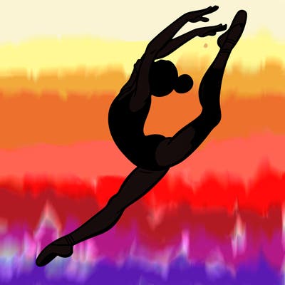 gymnast doing a leap in a leotard with a bent back leg