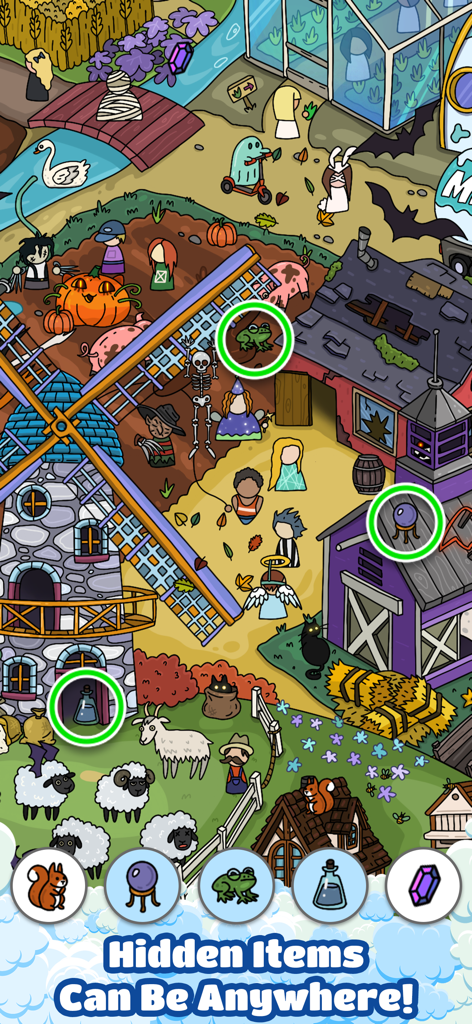 Scavenger Hunt－Hidden objects! - Un nivel vibrante y colorido de búsqueda del tesoro con temática de granja y objetos ocultos.