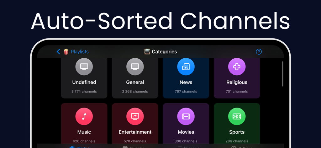 #iptv smart player pro - IPTV Smart Player Pro interface displaying auto sorted channel categories such as news sports and movies