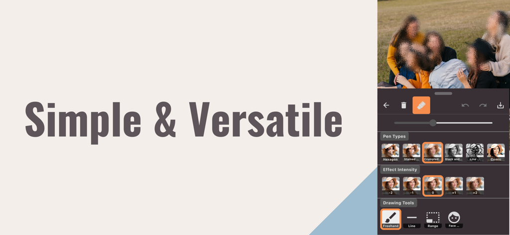 Interfaz de la aplicación Blur y Mosaic Photo editor mostrando una foto grupal con rostros difuminados y varias opciones de filtro como estilo hexágono y cómic.