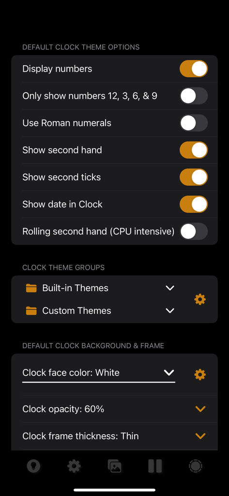 PhotoClock Pro - A menu of customizable options in PhotoClock Pro for clock numerals hands background color and frame thickness
