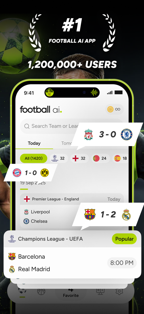 Soccer AI: Match Score Picks - Soccer AI app interface showing football match score predictions for major leagues like the Champions League and Premier League.