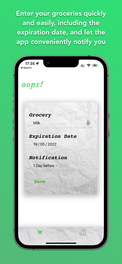 Interface of the Oops app showing a milk grocery entry with its expiration date and notification settings.