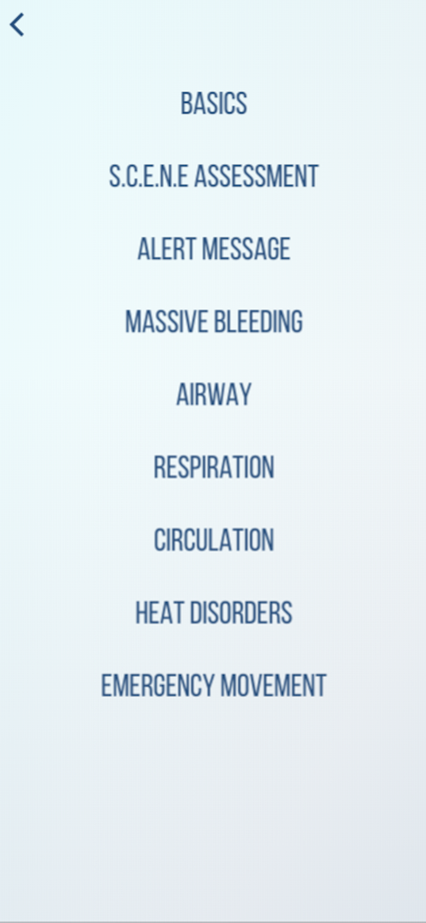Main menu of the UN Buddy First Aid app listing medical training topics like massive bleeding and airway management.